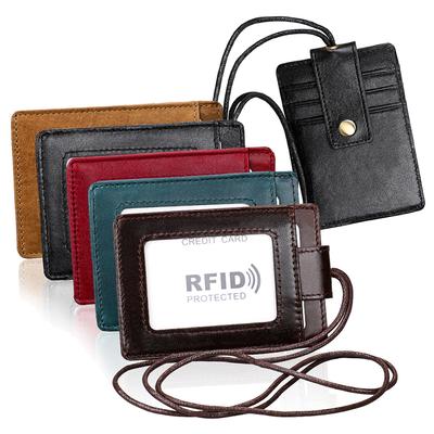 Genuine Leather Fashion Neck Lanyard Badge ID IC Card Holder RFID Protected Credit Card Pouch Name Tag Holders