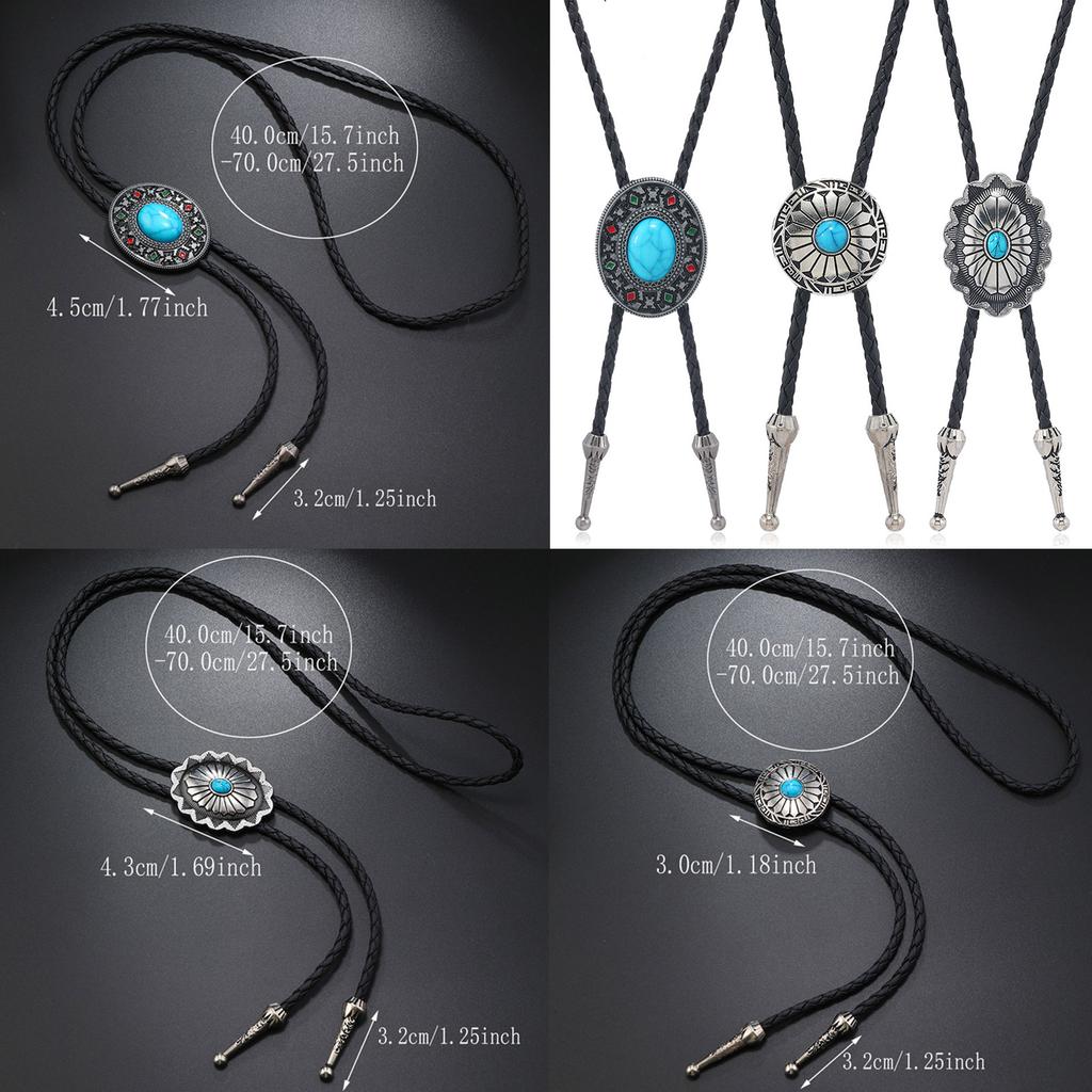 Turquoise Bolo Tie for Adult Unisex Vintage PU Leather Necktie Rope Necklace Jewelry Rodeos Tie for Formal Occasion 3PCS