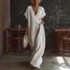 Damen V-Ausschnitt Maxikleid Sommer Baumwolle Leinen Fließend Strand Sonnenkleid Spitzenbesatz Lässig Locker Lang Kleid mit Taschen