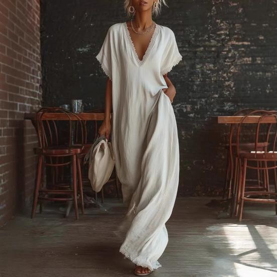 Damen V-Ausschnitt Maxikleid Sommer Baumwolle Leinen Fließend Strand Sonnenkleid Spitzenbesatz Lässig Locker Lang Kleid mit Taschen