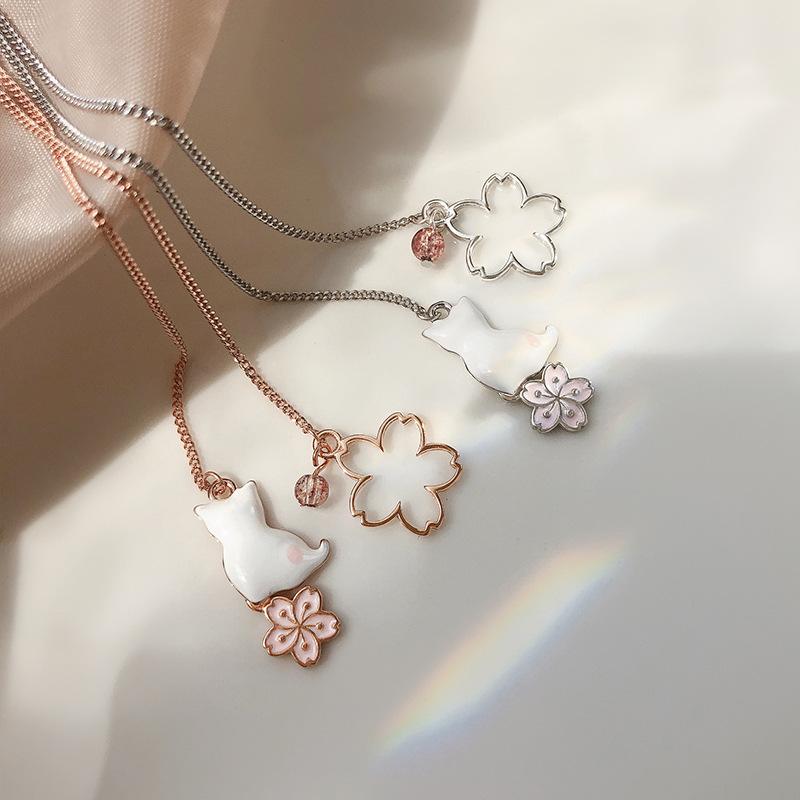 Long Flower Cat Earrings Temperament Sweet Strawberry Crystal Earrings Asymmetrical Tassel Cherry Blossom Kitten Earrings