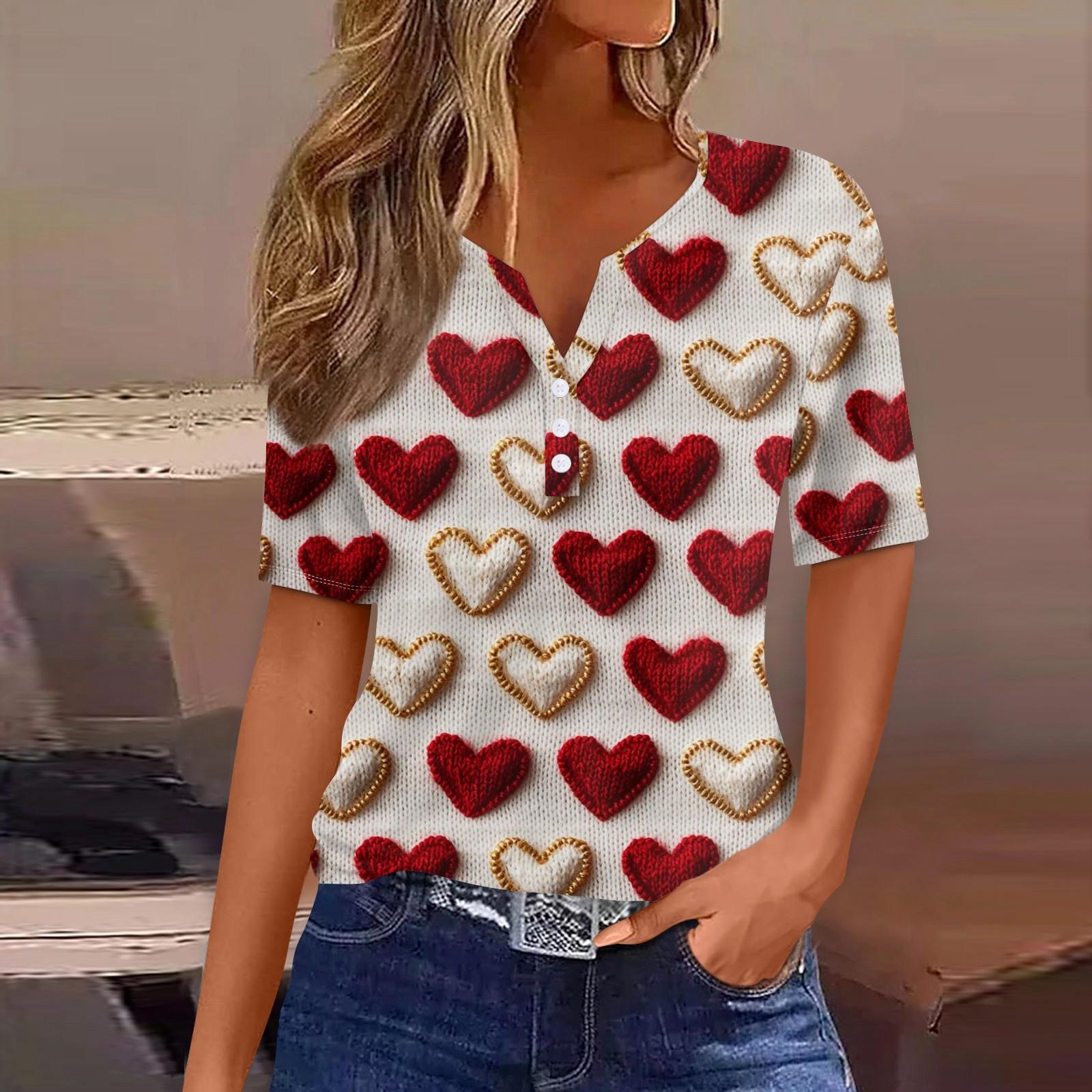 

Женская футболка с принтом ко Дню святого Валентина на пуговицах с коротким рукавом, туника, повседневная мода на выходные, базовый топ с V-образным вырезом L бежевый