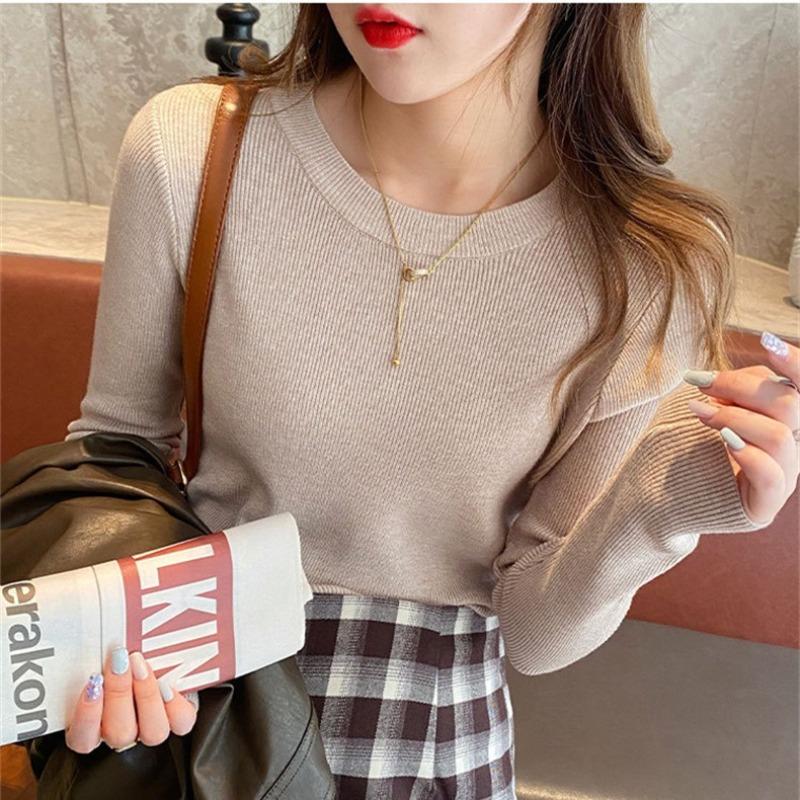 Autumn and winter new solid color soft waxy round neck knitted bottoming shirt female slim slim slim pullover sweater with top