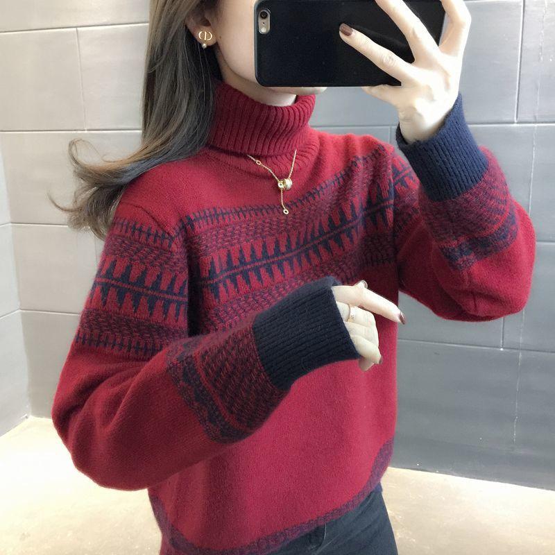 

Sweater for Women Autumn Winter Thickened Warm Knitted Stretchy Long Sleeve Striped High Neck Sweater Tops S