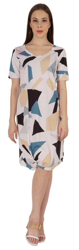 Moomaya Cotton Jersey Printed Midi Dress For Women V-Neck Summer Short Sleeves Knee Length