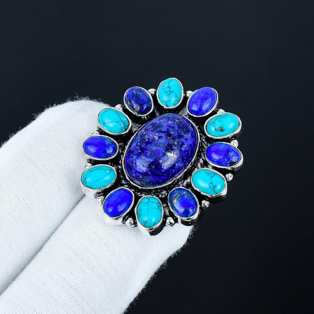 Turquoise, Lapis Lazuli Gemstone Ring, 925 Sterling Silver Ring, Gift For Her, Oval Stone ,Elegant Handmade Ring, Lapis Lazuli Flower Silver Ring