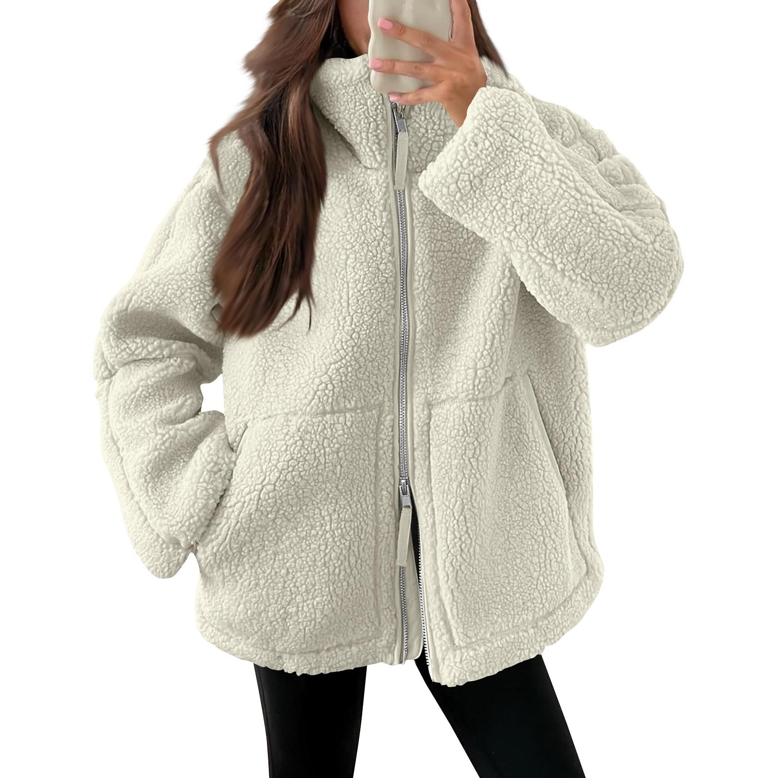 

Женская плюшевая куртка, повседневная, с длинным рукавом, большого размера, теплая, с двойной молнией, зимняя, плюшевая куртка XL белый