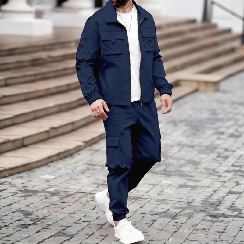 Весенне-осенний новый мужской ретро бомбер, свободный рабочий костюм с лацканами и брюками M темно-синий