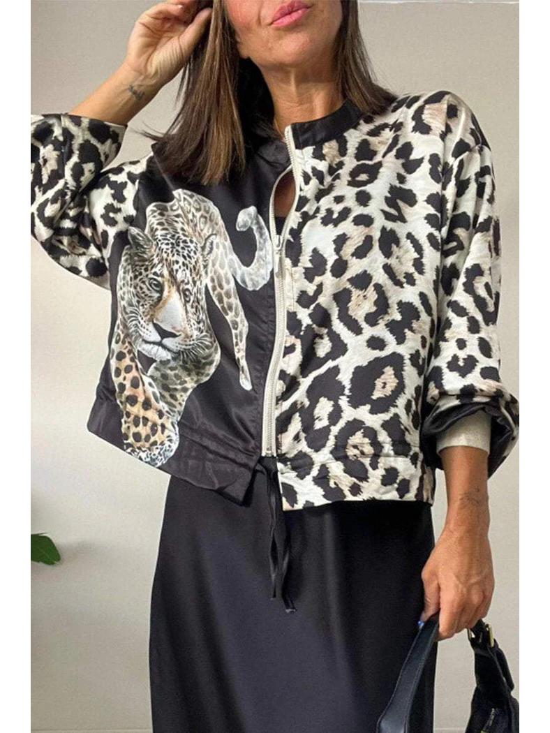 

Бомбер с леопардовым принтом: Женская европейская и американская осенняя модная верхняя одежда XXL