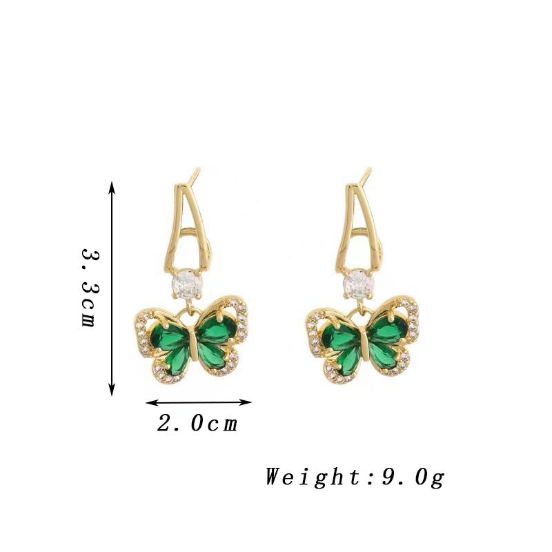Trendy Green Crystal Wings Butterfly Drop Earrings for Women Golden Metal Circle Dangle Earrings Wedding Party Zircon