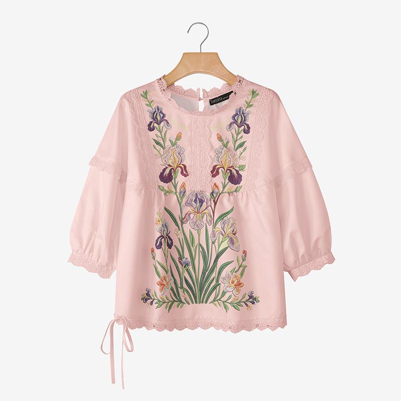 ZANZEA Women Lace Splice Round Neck Floral Print Casual 3/4 Sleeve Blouse