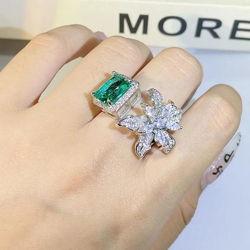 

Cute Female Green Crystal Stone Ring Charm Upscale Sterling Silver Wedding Rings for Women Dainty Bride Flower Zircon Ring resizable срібний
