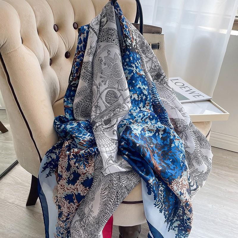 Literary Korean Version New Style of The New Forest Printed Silk Scarf for Women Dual-purpose Shawl for Summer Sun Protection Beach Scarf Outside