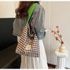 Women Contrast Color Lattice Magnetic Buckle Bucket Bag Leisure Canvas Cloth Shoulder Bags Tote Handbag