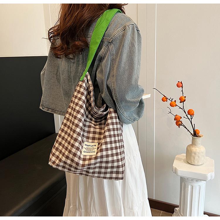 Women Contrast Color Lattice Magnetic Buckle Bucket Bag Leisure Canvas Cloth Shoulder Bags Tote Handbag