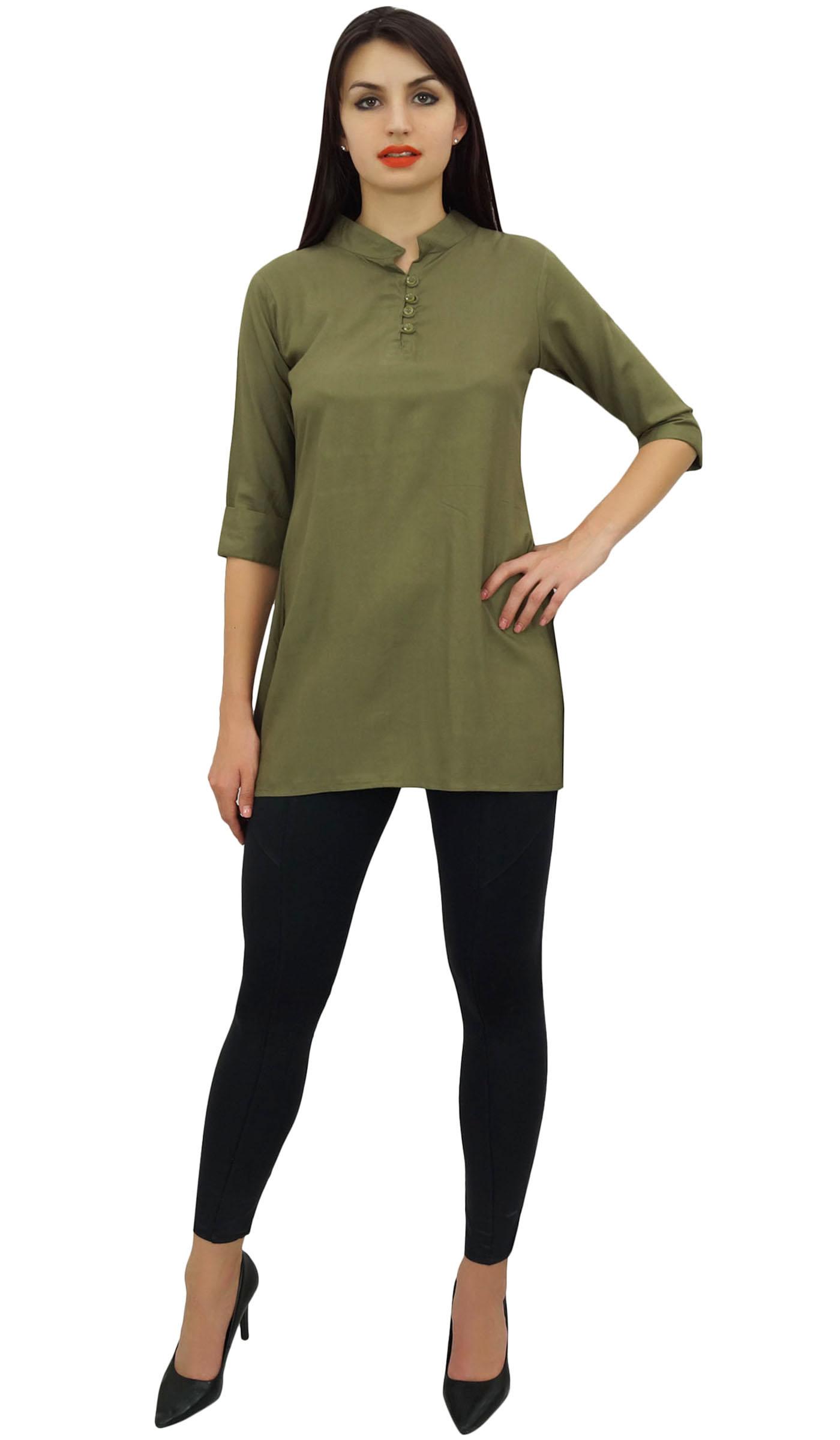 

Жіноча чорна бавовняна блузка з модалом 3 і 4 рукава, топ-сорочка на ґудзиках Phagun - 8 оливковий колір