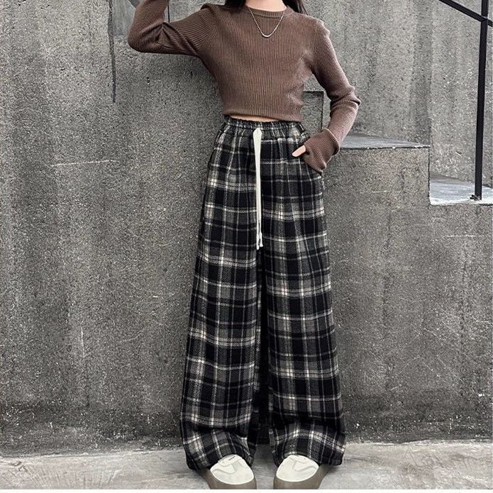 Kids Spring Autumn Plaid Pants for Teenage Girls Causal Loose Straight Drawstring Trousers Child Fashion Sweatpants 5-14Y