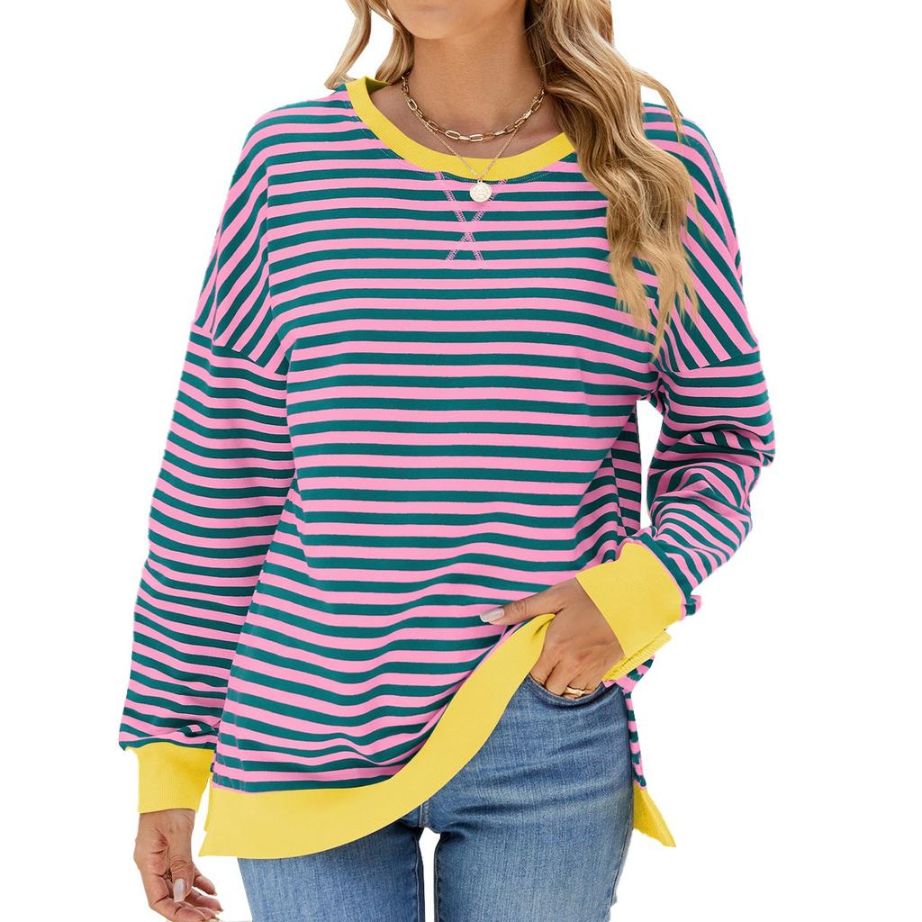 Elegant and Fashionable Autumn and Winter Comfortable Round Neck Striped Splicing Open Loose Long-sleeved Sweater Jacket Pullover Shirt Hoodies