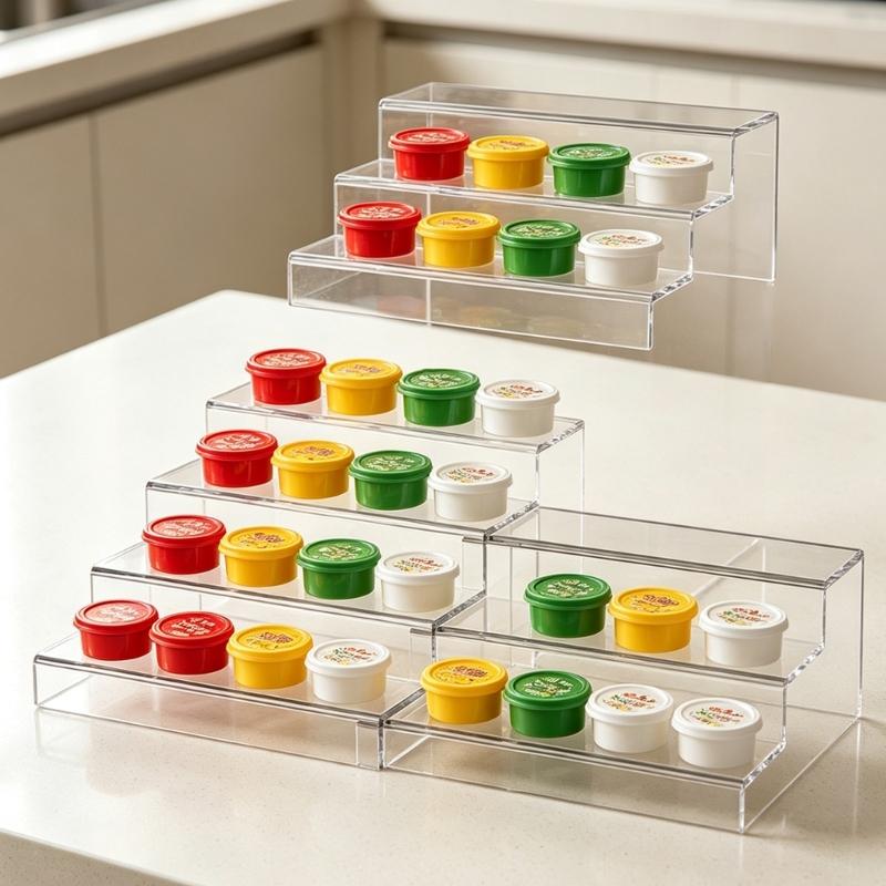 3 Step Clear Acrylic Shelf for Cans and Spice Jars, Expandable Storage Rack for Kitchen Counters, Cabinets, Cosmetics and Small Supplies