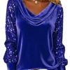 2025 Velvet High Neck Sequin Patchwork Long Sleeve Women's Top