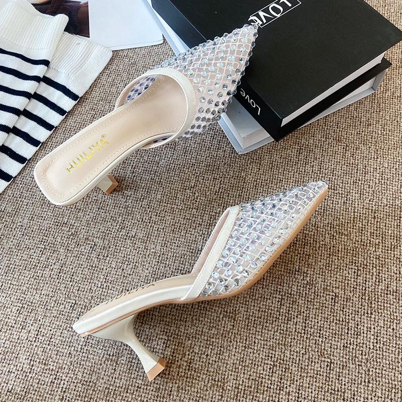 High-heeled bag head slippers women's full diamond pointed half slippers women's 2025 new hollow and thin versatile outer wear single shoes women