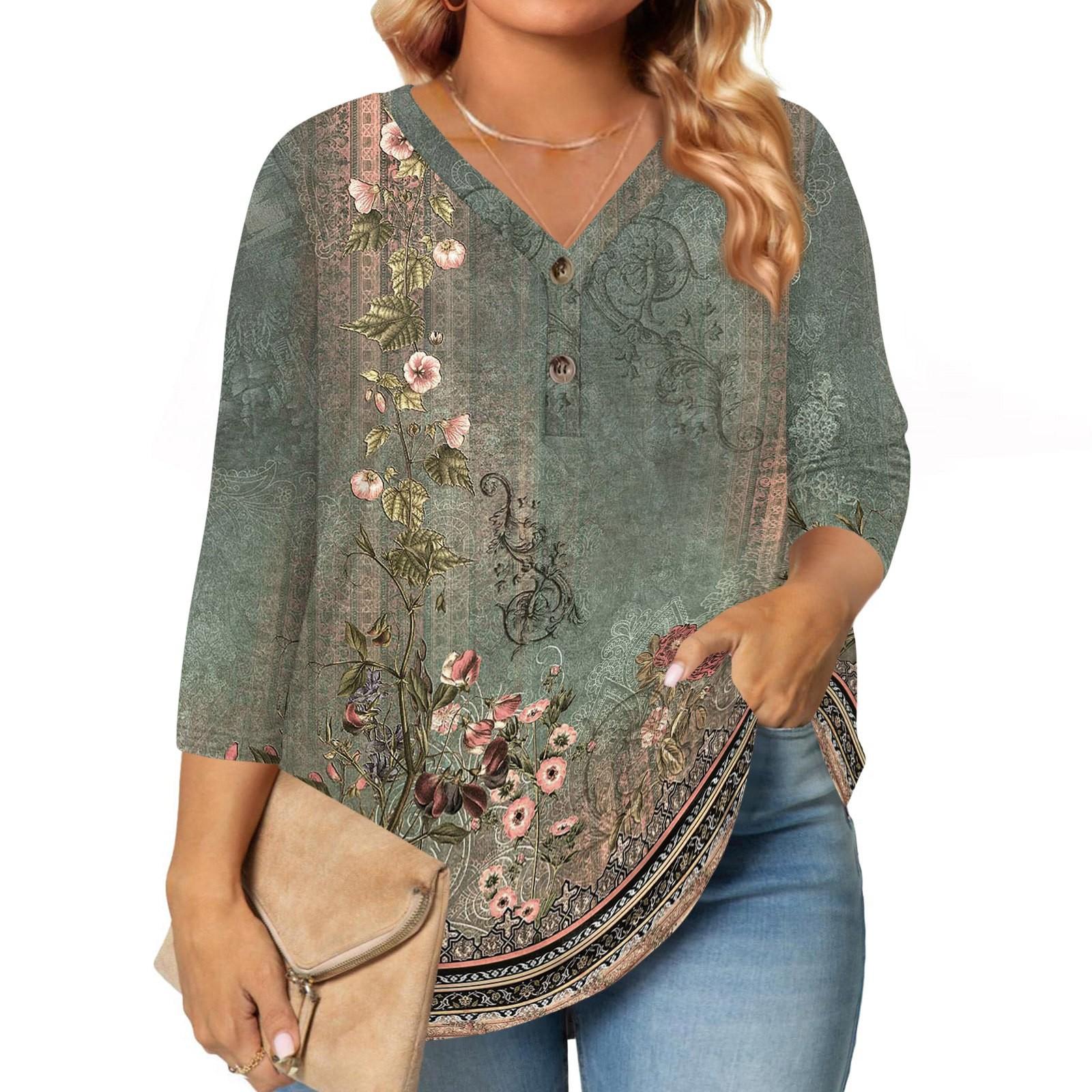 

Женские топы с рукавом 3/4, больших размеров, рубашки на пуговицах с V-образным вырезом, блузки, повседневные, с принтом, свободные L