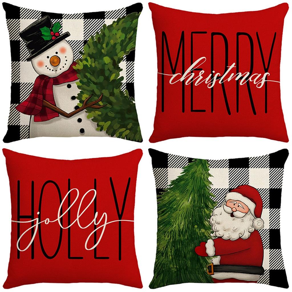 Christmas Pillow Cover SantaClaus Snowman PineTree Linen Printed Pillow Decoration Sofa Cushion Cover4PC