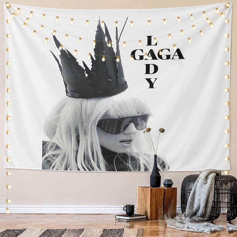 A Crowned Figure with White Hair, Sunglasses, and Stylized Text "LADY GAGA". Patterned Tapestry for Bedroom and Living Room Home Decor