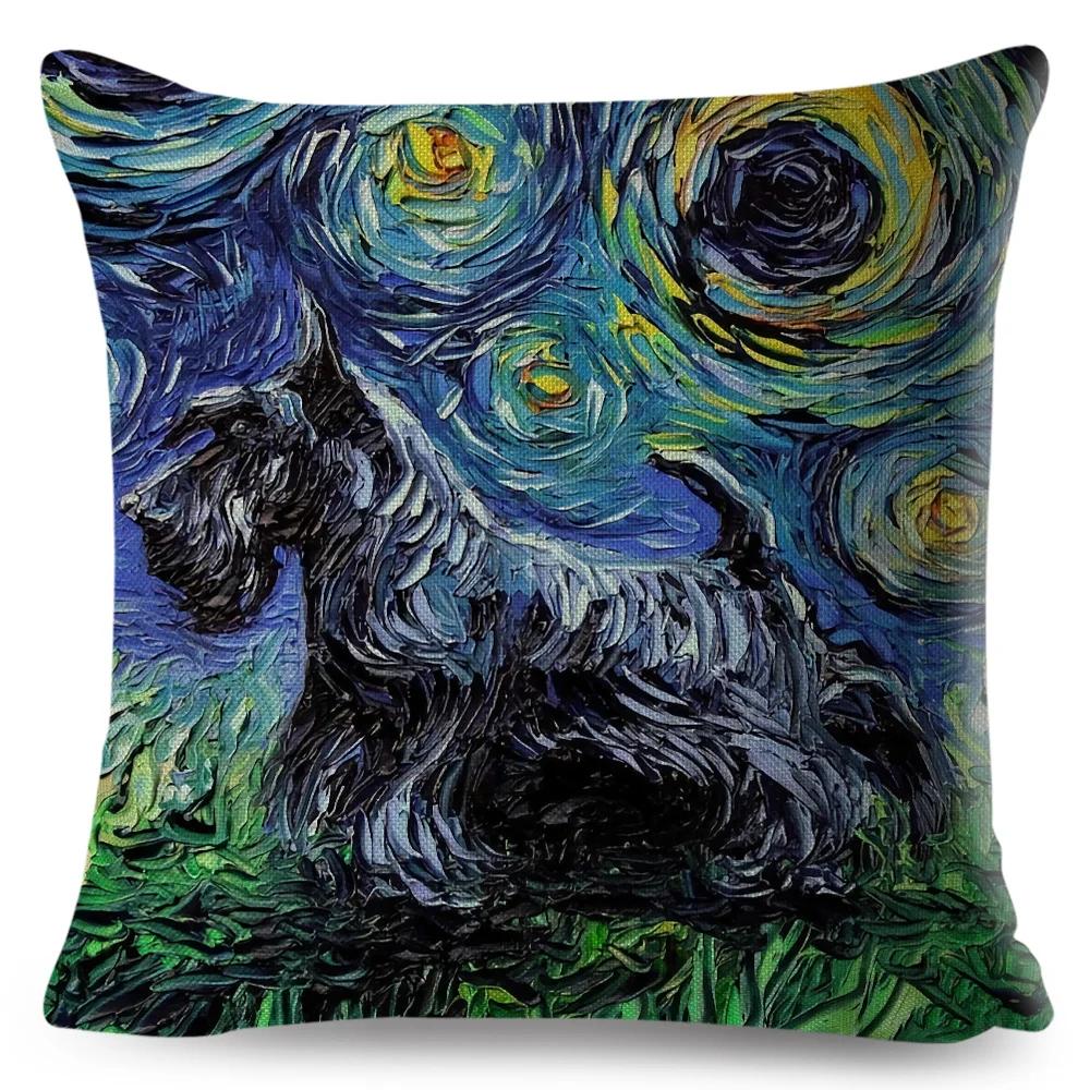 Both Sided Starry Sky Dog Cushion Cover Decor Oil Painting Cartoon Pet Animal Pillow Case for Sofa Home  Linen Pillowcase