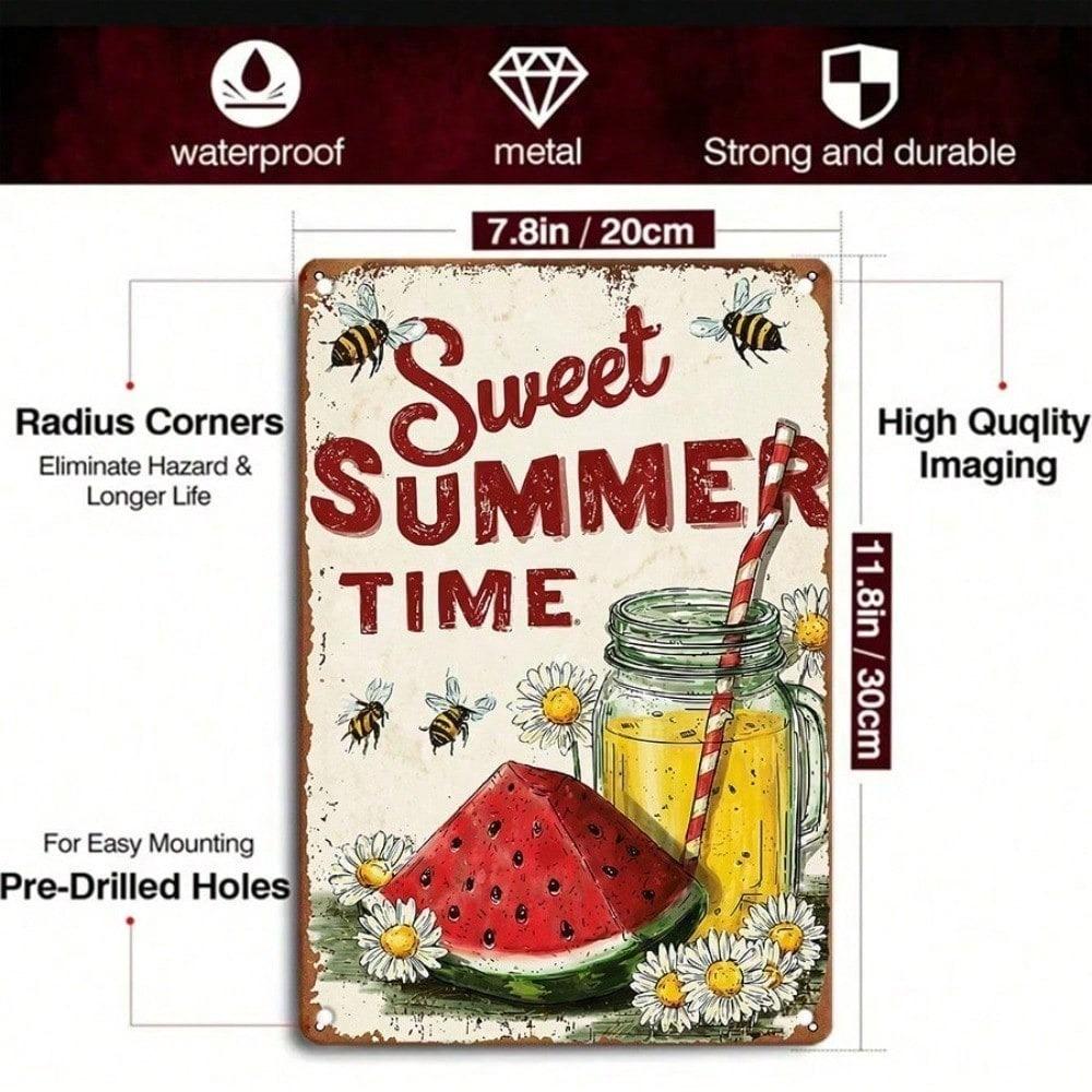 1PC Vintage Metal Tin Sign, Sweet Summer Time Retro Watermelon Lemonade Plaque, Sturdy Farmhouse Wall Art, 8x12 Inch