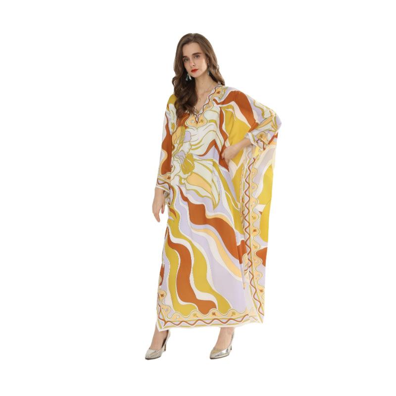 

Платье с v-образным вырезом, осенний большой женский вязаный шелковый халат с длинными рукавами и принтом 2XL жёлтый