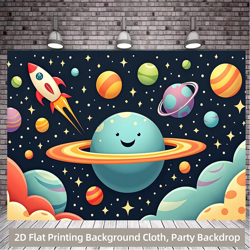 Flat 2D background fabric 1 piece colorful star and spaceship patterned three-dimensional background fabric 100x150cm