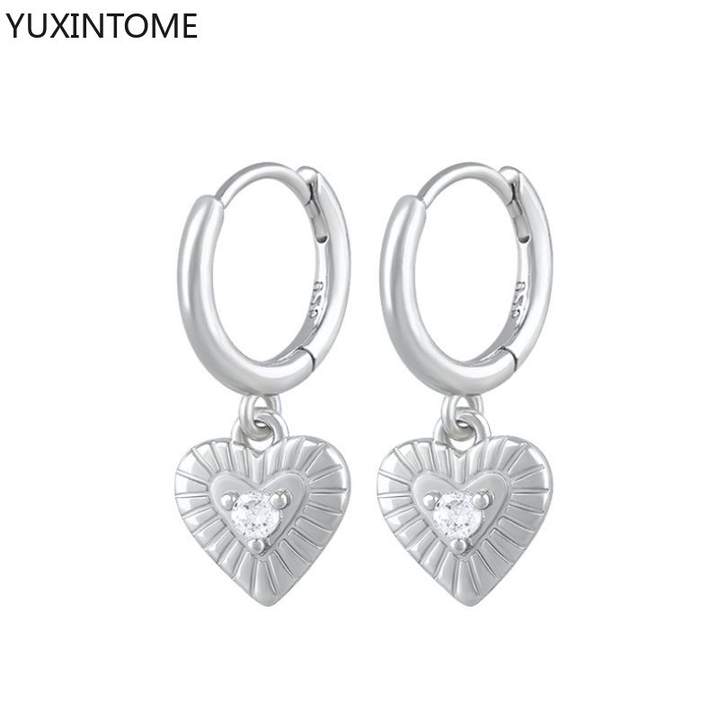 925 Silver Ear Needle Exquisite Heart Pendant Hoop Earrings Fashion Geometric Zircon Stud Earrings Women's Fine Jewelry