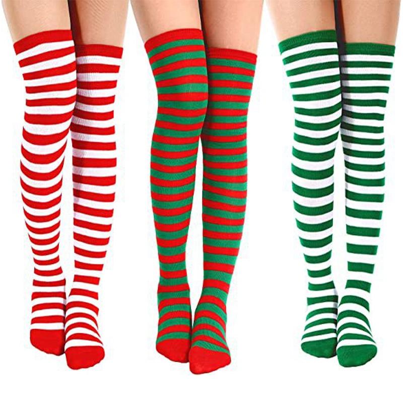 Christmas Elf Long Striped Thigh Stocking For Kids Adults