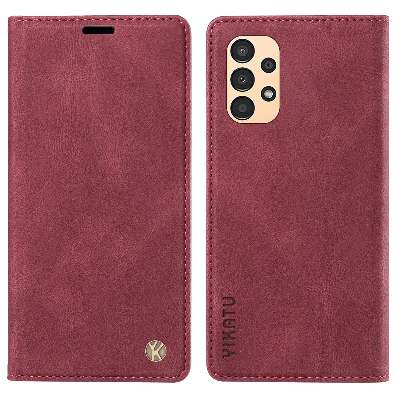 

YIKATU YK-004 Для Samsung Galaxy A32 5G/M32 5G Чехол-книжка с тактильным покрытием, подставкой, из ПУ кожи, кошелек, чехол для телефона Wine Red