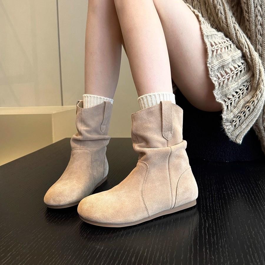 Korean version frosted cowhide soft soled pleated short boots for women's Maillard with skirt  sleeve stacking boots