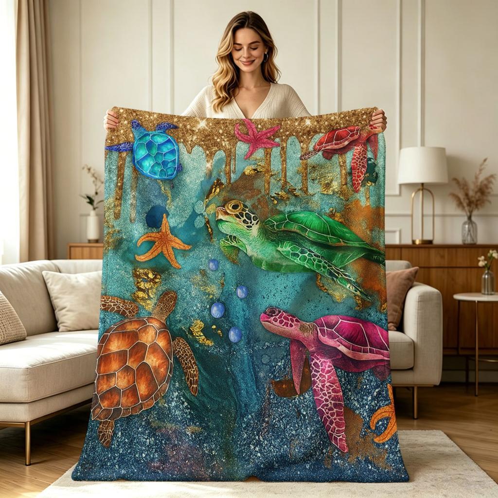 All Season Flannel Blanket with Colorful Sea Turtle Starfish Print Soft Warm Throw Blanket for Couch Sofa Bedroom Office Living Room Home Decor