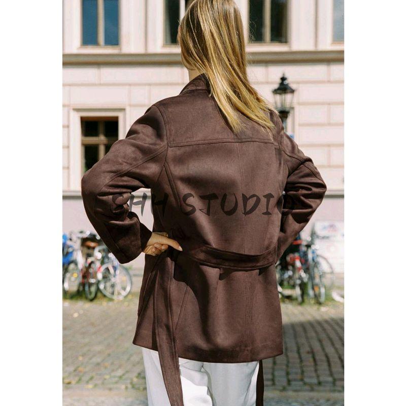Fall New Women's Clothing French Style with Belt Lapel Long Sleeves Suede Effect Jacket Outwear 4968221