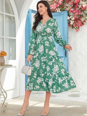 2023 Autumn V-Neck Floral Print Long-Sleeved Maxi Dress for Women