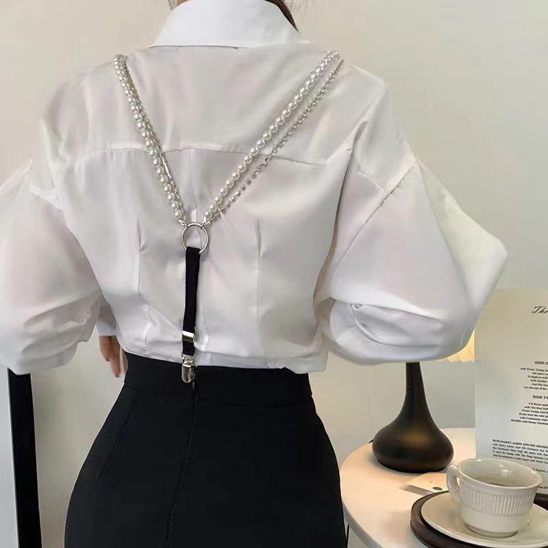 Women Elastic Suspenders Y-Back Braces Slim Skinny Pearl  Decoration Strap Chain For Wedding Suit Party Accessories