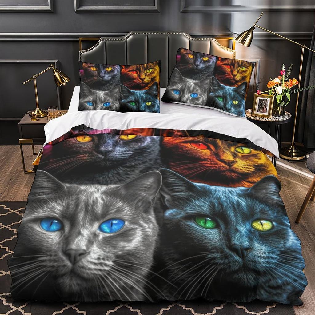 3D Digital Printing Color Cat Series Quilt Cover Pillowcase Two Or Three-Piece Set Polyester Abraded