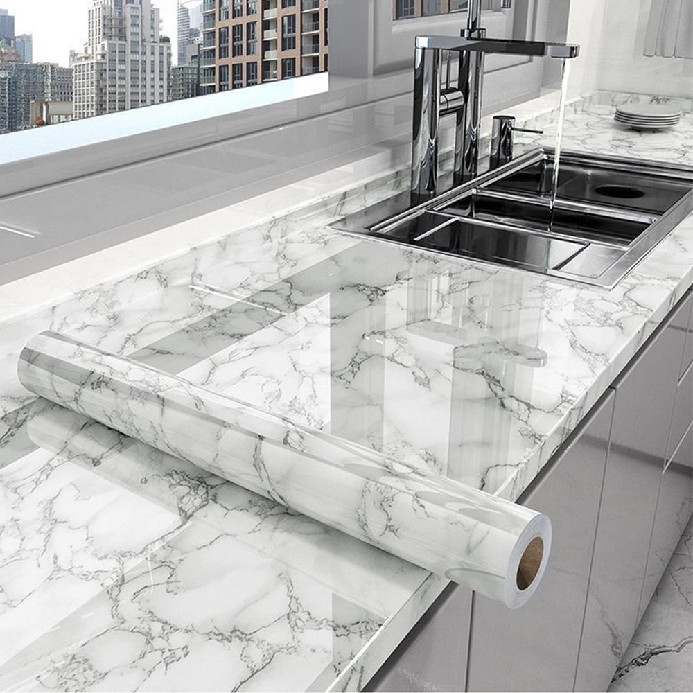 Marmurowa Samoprzylepna Folia Kuchenna - Wodoodporna Olejoodporna Tapeta Winylowa PVC na Blat, Fartuch Kuchenny, Płytki | Łatwa do Odklejenia i Przyklejenia