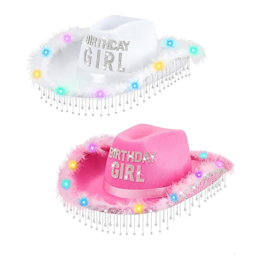 Birthday Tassels Rhinestone Cowgirl Hat With Colorful LED Lights Adjustable Top Cap for Parties Birthday Gathering