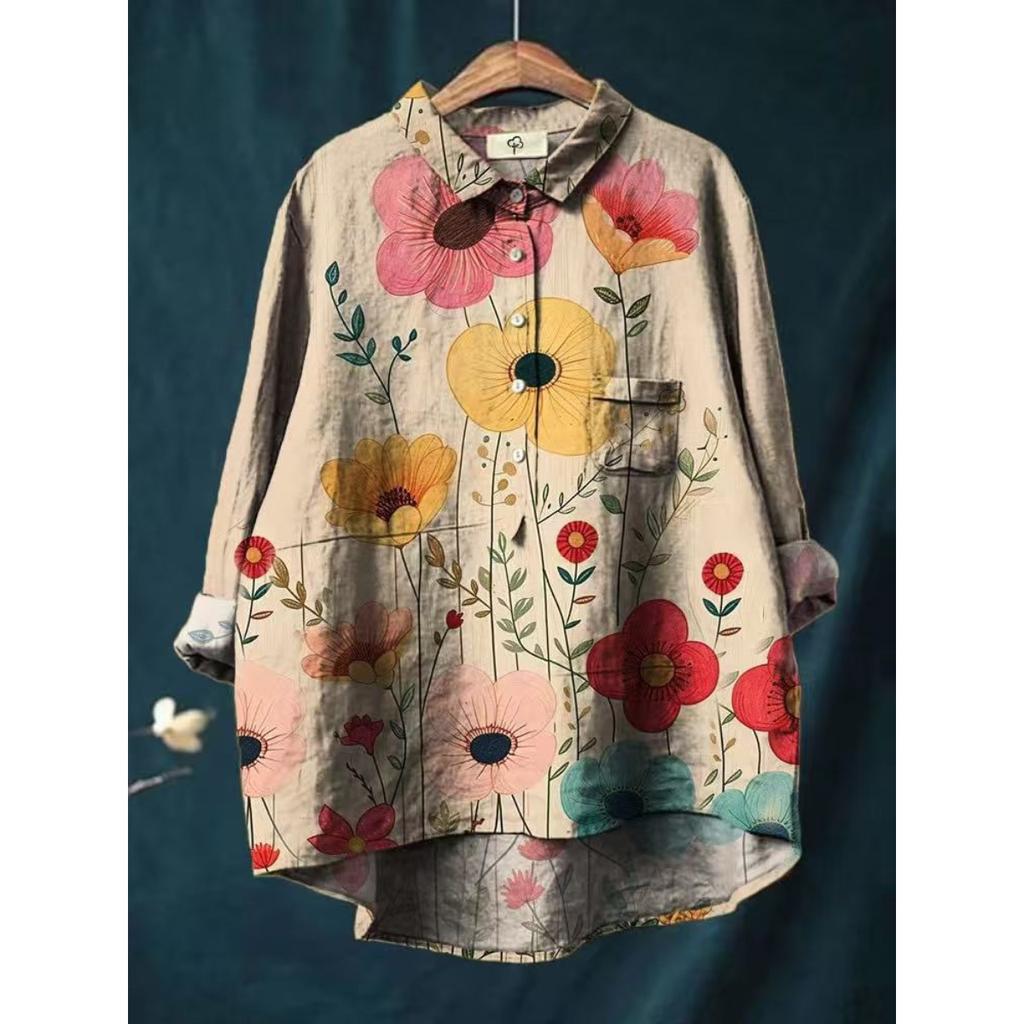 Ladies' Casual Loose Fit Floral Printed Button Up Shirt -Fish School Pattern