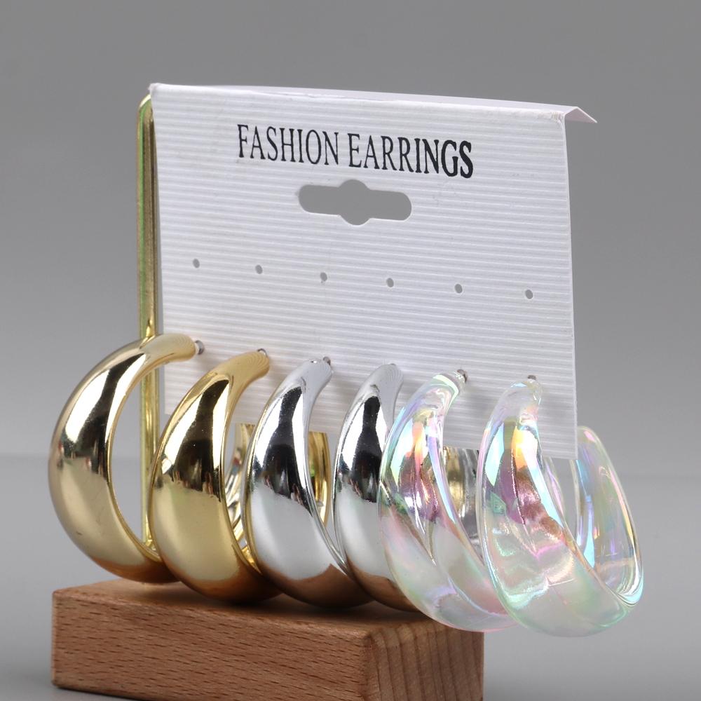 Korean 3 Pair/Set Acrylic Twisted Circle Hoop Earrings Dopamine Color Screw Thread C-Shaped Drop Earring for Women Jewelry Sets
