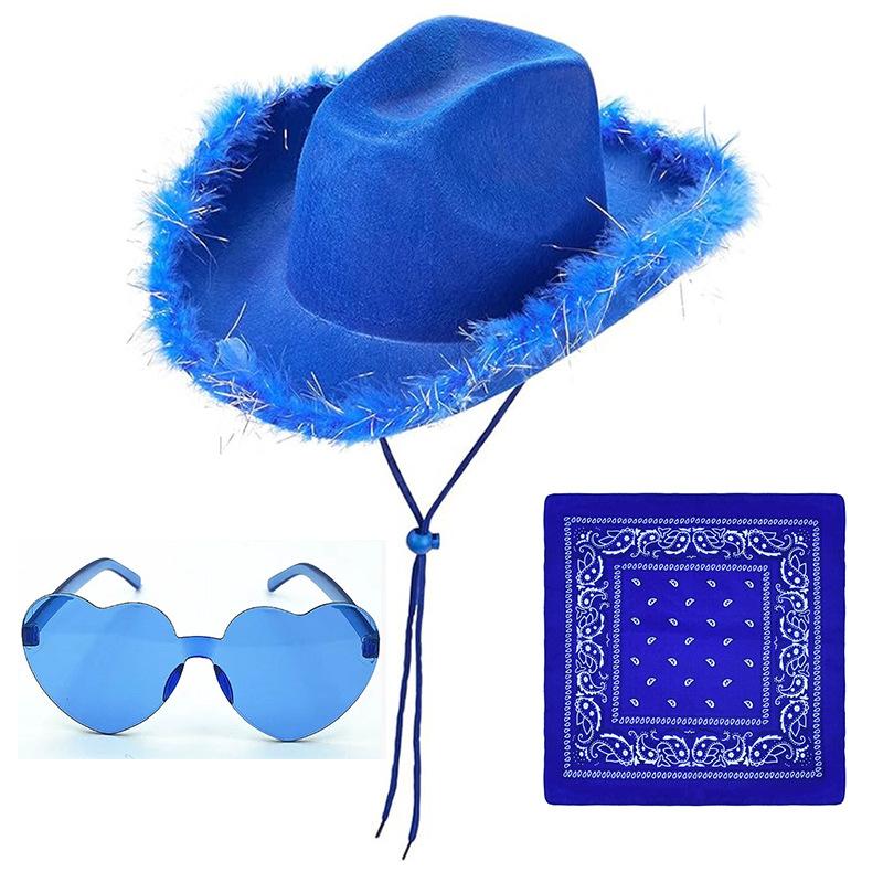 Feather Edge Letter Cowboy Hat Sequins Pink Western Rough Edge Cowboy Hat Glasses Square Towel Three-piece Set