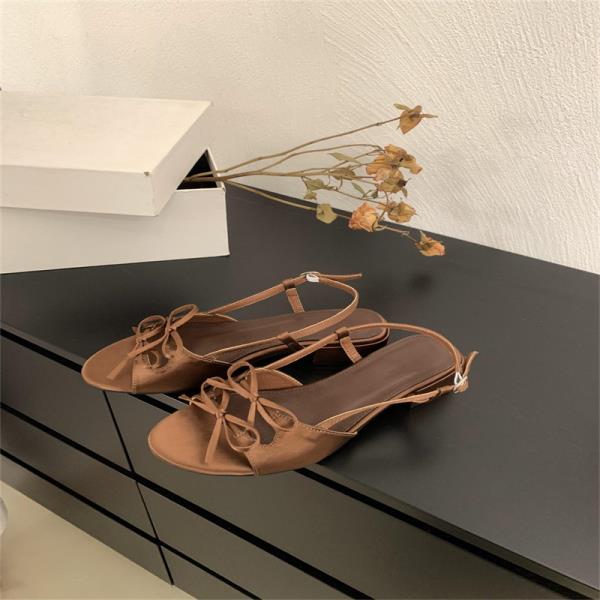 Fashion Female Sandal 2025 Women's Bow Shoes Clear Heels Girls New Beige Outside Low Comfort Summer Fashion Scandals Butterfly-knot Casu