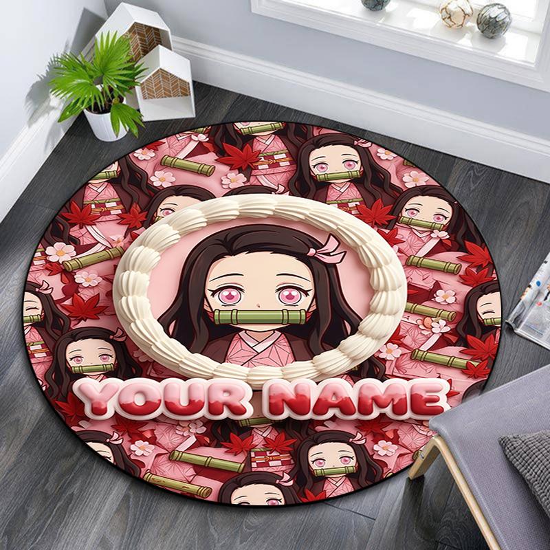 Custom Name,Nezuko Kamado pattern round rug,Carpet Rug for Living Room Bedroom Playroom ,Non-slip Floor Mat,Holiday Gifts and Birthday Gifts.