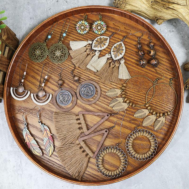 Ethnic Vintage Bohemian Drop Danlge Women's Earrings Bead Wooden Tassel Round Geometric Flower Leaf Long Boho Earrings Zircon