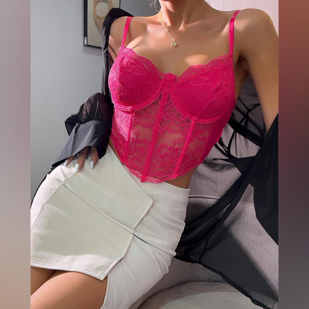 Sexy Lace Underwire Diamond Fishbone Crop Top - See-Through Bodycon Tank for Women